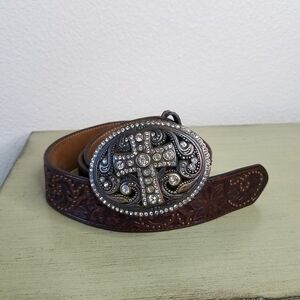 Justin Boots Floral Tooled Rhinestone Leather Belt